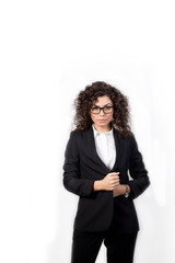 curly brunette girl with glasses business woman on a white background