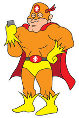 A flamboyant cartoon super hero is checking his cell phone