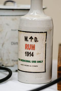 Bottle of rum from 1914, as used by the Army medical corp for medical purposes (as an anaesthetic during operations amputations)