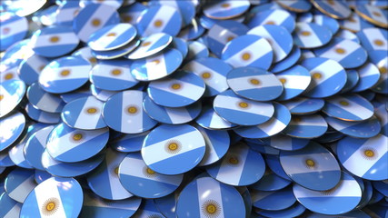 Pile of badges featuring flags of Argentina. 3D rendering