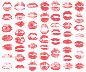 Print of red lips set. World kiss day, Valentine's day design elements. Vector.