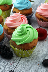 Tasty cupcakes on wooden background. Birthday cupcake in rainbow colors