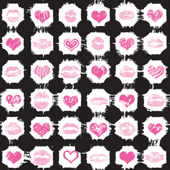 Seamless background of red, pink, black hearts and lips on retro pop up grunge brush  background. Stylish gothic endless wrapping paper for Valentine day adult sex shop merchandise. Vector.