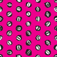 Lips seamless pattern on polka dot background. Black and pink lips fashion print wrapping paper. World kiss day, Valentine's day, love. Vector.