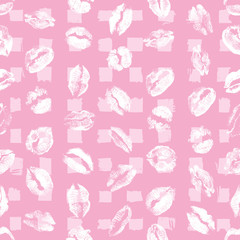 XOXO style kisses brush grunge and lipstick kiss stain seamless pop up background. Kiss day, Valentine's background, Love fashion. Vector.