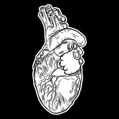 Human heart in hand drawn style. Anatomical sketch concept in gold for flesh tattoo or print t-shirt, smart phone, poster. Fashionable patch heart sticker. Doodle pop art sketch badge. Vector.