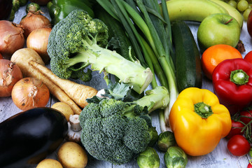 Composition with variety of raw organic vegetables and fruits. Balanced diet