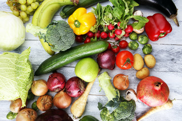 Composition with variety of raw organic vegetables and fruits. Balanced diet