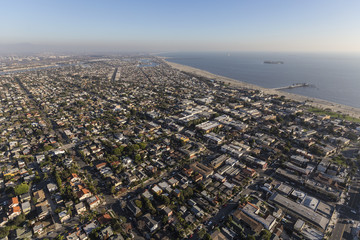 Aerial cityscape of Long Beach neighborhoods near Belmont Pier in Southern California.