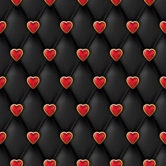 Seamless black leather texture with shiny red golden hearts buttons. Vector silk textile, Valentines day background. Abstract luxury romantic holiday background.