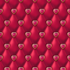 Seamless red leather texture with shiny pink golden hearts buttons. Vector silk satin textile, Valentines day background. Abstract luxury romantic holiday background.