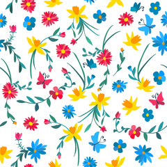 Seamless floral pattern with colorful flowers and butterflies