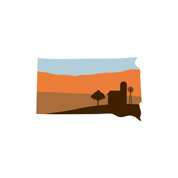 South Dakota State Shape with Farm at Sunset w Windmill, Barn, and a Tree