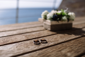 Wedding rings in the casket during the wedding ceremony.