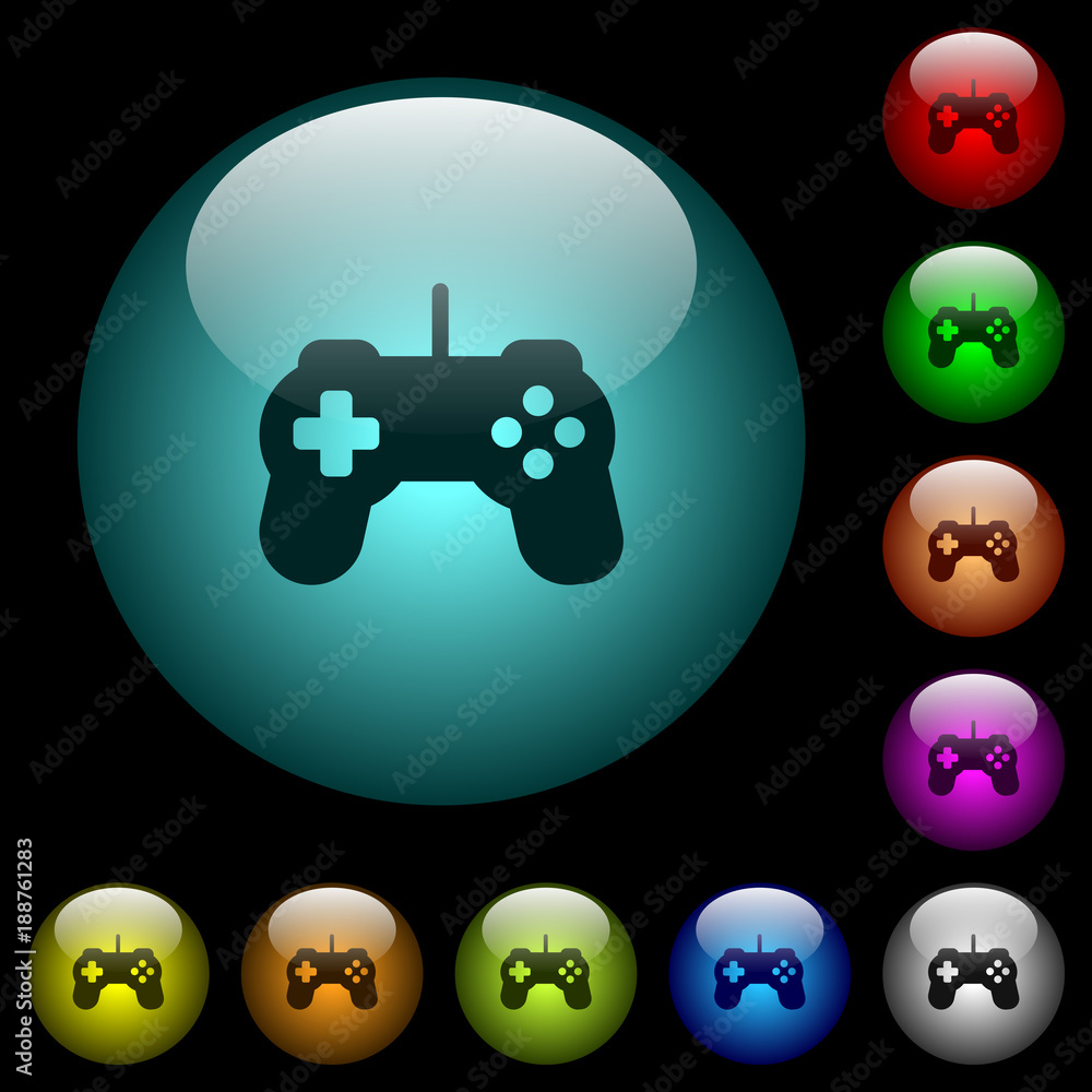 Poster game controller icons in color illuminated glass buttons