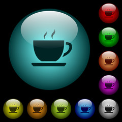 Cup of coffee icons in color illuminated glass buttons