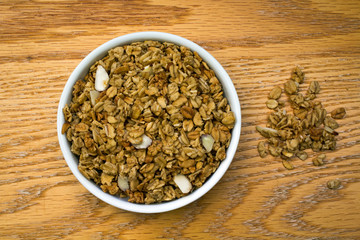 Closeup of a White Bowl of Healthy Granola