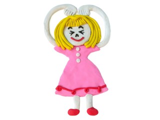 Pretty little girl curves her arms together on the head like to be a symbol I love you, made from plasticine clay on white background