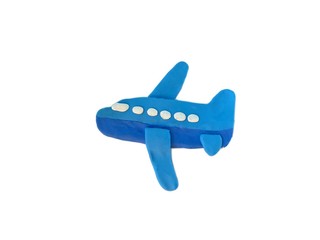 Cute blue plane made from plasticine clay on white background