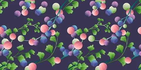 Behangcirkel Seamless pattern, hand drawn colorful grape and Adiantum fern leaf on dark purple background © momosama