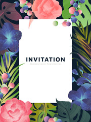 Hand drawn Tropical plant, rose, feather, grape, blue Vanda Coerulea orchid, palm leaf and split leaf Philodendron , invitation card design