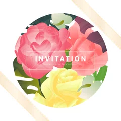 Zelfklevend Fotobehang Hand drawn Tropical plant, pink rose, split leaf Philodendron, Anthurium inside circle frame with golden ribbon , invitation card design © momosama