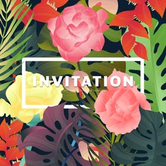 Muurstickers Hand drawn rose, Heliconia, Anthurium, split leaf Philodendron, palm leaf, invitation card design © momosama