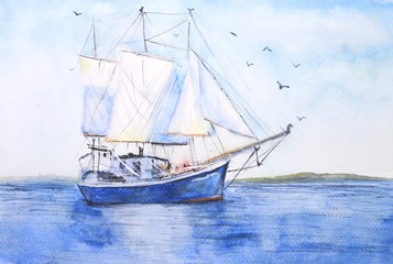 Fototapeta na wymiar watercolor boat landscape sky with birds