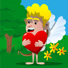 Cupid holding big red heart. Vector cartoon character illustration.
