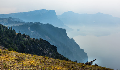 Crater Lake Panorama in the Fog from Fires, Oregon, United States