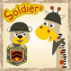 Funny soldiers cartoon, giraffe and bear
