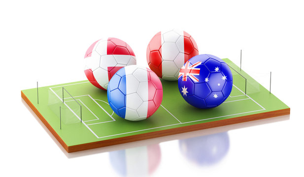 3d Soccer field with soccer ball flags. Sports concept.