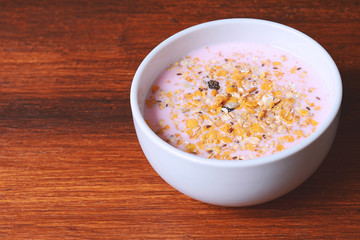 Bowl of fresh yogurt with granola and dried fruit