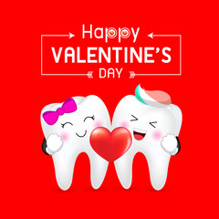 Cute cartoon tooth character, boy and girl holding heart. Happy Valentine's day.  Illustration isolated on red background.