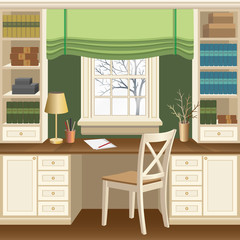 Home office or study room interior with table below the window, bookcases and chair. Home office in classic style, wooden furniture. Vector illustration 3d cartoon style