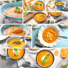 Collage with carrot ginger soup in different dishware