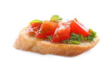 Tasty bruschetta with tomatoes on white background