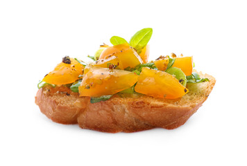 Tasty bruschetta with tomatoes on white background
