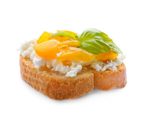 Tasty bruschetta with tomatoes and cheese on white background