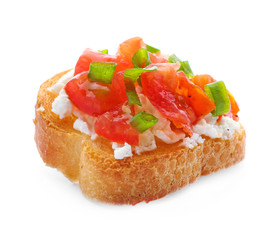 Tasty bruschetta with tomatoes and cheese on white background