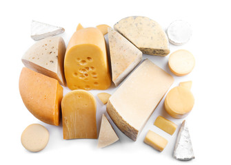 Variety of cheese on white background