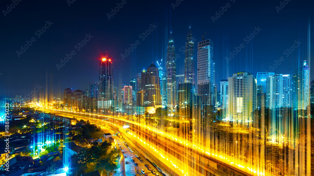 Wall mural the network light came out from the highway and ground ,modern city with wireless network connection
