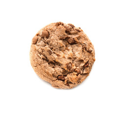 Delicious oatmeal cookie with chocolate chips on white background
