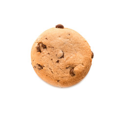 Delicious oatmeal cookie with chocolate chips on white background
