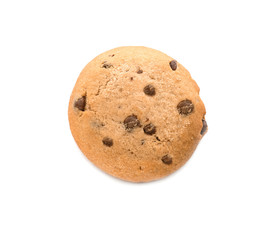 Delicious oatmeal cookie with chocolate chips on white background