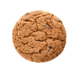 Delicious oatmeal cookie with chocolate chips on white background