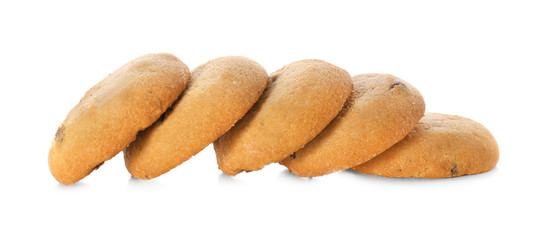 Delicious oatmeal cookies with chocolate chips on white background