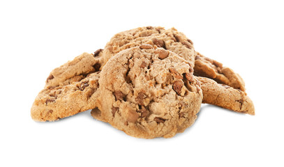 Delicious oatmeal cookies with chocolate chips on white background