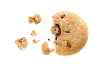 Delicious oatmeal cookie with chocolate chips on white background