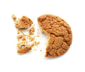 Delicious oatmeal cookie with chocolate chips on white background
